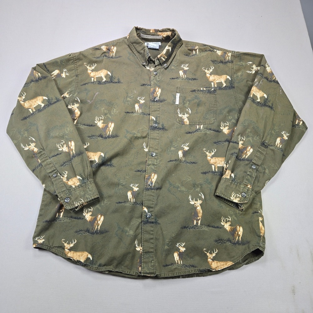 Columbia Button Down Shirt River Lodge Buck Deer Map Olive Green Mens Large L